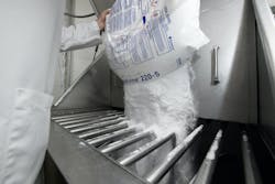 The bag dump station is fitted with pleated, 1-micron filters for some applications and submicron filters for others. The bag dump station is fitted with pleated, 1-micron filters for some applications and submicron filters for others.