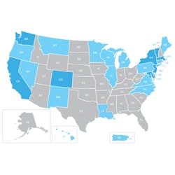 A map of states that will require lower GWP refrigerants (darker blue), and states that may require lower GWP refrigerants (lighter blue). A map of states that will require lower GWP refrigerants (darker blue), and states that may require lower GWP refrigerants (lighter blue).