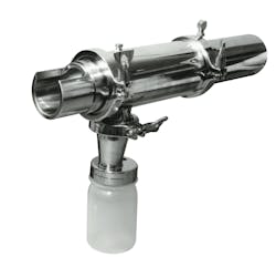 Figure 1: The ISOLOK SAE automatic sampler uses a four-inch stroke cylinder to obtain samples from heavy-walled vessels. This design uses compressed air to grab a fixed amount of product at set intervals that is then discharged by gravity to a sample container. Figure 1: The ISOLOK SAE automatic sampler uses a four-inch stroke cylinder to obtain samples from heavy-walled vessels. This design uses compressed air to grab a fixed amount of product at set intervals that is then discharged by gravity to a sample container.