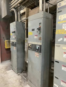 Cooling tunnel 150 hp drives cabinets before conversion.