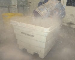 Figure 6: Manual dumping of low MIE and MEC dusts can create a major flash-fire hazard. Figure 6: Manual dumping of low MIE and MEC dusts can create a major flash-fire hazard.