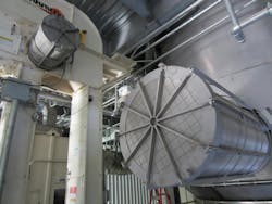 Flameless venting is shown installed on an indoor bucket elevator. Flameless venting is shown installed on an indoor bucket elevator.