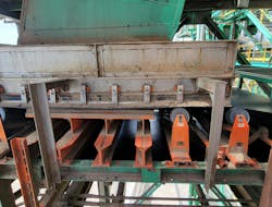 The impact cradles were centered under the loading chute protecting the belt and tail pulley. The impact cradles were centered under the loading chute protecting the belt and tail pulley.