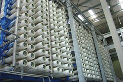 A reverse osmosis system as shown here can help concentrate the brine up to the osmotic pressure to double or triple the concentration of the aqueous brine solution which directly impacts the size of the thermal system needed downstream. A reverse osmosis system as shown here can help concentrate the brine up to the osmotic pressure to double or triple the concentration of the aqueous brine solution which directly impacts the size of the thermal system needed downstream.