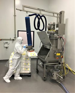 This bag dump station includes vacuum-assisted lifting to reduce exertion and reduce bending/twisting tasks. This bag dump station includes vacuum-assisted lifting to reduce exertion and reduce bending/twisting tasks.