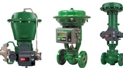 Figure 5: For slurries, a Fisher V500 Eccentric Plug Valve with high hardness trim can be a good choice (left). Corrosive liquid flow can be tightly controlled using rising stem valves, like the Fisher GX (middle) or E-Series (right), each with carefully chosen materials of construction. Figure 5: For slurries, a Fisher V500 Eccentric Plug Valve with high hardness trim can be a good choice (left). Corrosive liquid flow can be tightly controlled using rising stem valves, like the Fisher GX (middle) or E-Series (right), each with carefully chosen materials of construction.