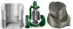 Figure 6: Cavitation applications can be addressed in a variety of ways depending on the service. Fisher Whisper Trim I Cage (left) works well for clean services, Fisher NotchFlo DST (middle) handles dirty applications, and Fisher Cavitrol Hex Trim can be used on rotary valves. Figure 6: Cavitation applications can be addressed in a variety of ways depending on the service. Fisher Whisper Trim I Cage (left) works well for clean services, Fisher NotchFlo DST (middle) handles dirty applications, and Fisher Cavitrol Hex Trim can be used on rotary valves.