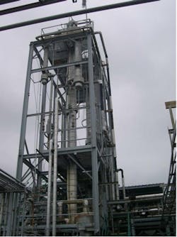 Figure 4: A complete distillation system designed to continuously recover saleable R22 from a refrigerant mixture containing an R22/R12 azeotrope. Figure 4: A complete distillation system designed to continuously recover saleable R22 from a refrigerant mixture containing an R22/R12 azeotrope.