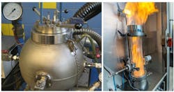 Figure 2. Dust testing for KSt is performed using a 20-liter testing sphere apparatus per ASTM E1226 (left). Testing for MIE is performed in a MIKE 3 apparatus per ASTM E2029 (right). Figure 2. Dust testing for KSt is performed using a 20-liter testing sphere apparatus per ASTM E1226 (left). Testing for MIE is performed in a MIKE 3 apparatus per ASTM E2029 (right).