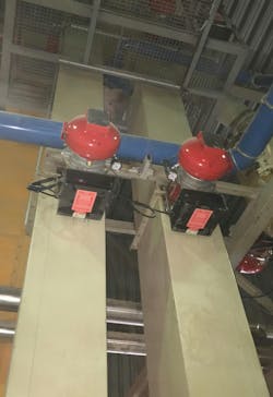 Figure 2. The IPD system from BS&B also acts as a chemical isolation solution, preventing a potential dust explosion in the shafts of a bucket elevator from spreading. Figure 2. The IPD system from BS&B also acts as a chemical isolation solution, preventing a potential dust explosion in the shafts of a bucket elevator from spreading.