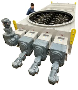 For applications where the full hopper outlet width must be served to generate a full mass-flow pattern, a twin or even multi-screw feeder can be used, creating a larger flow area and saving headroom. For applications where the full hopper outlet width must be served to generate a full mass-flow pattern, a twin or even multi-screw feeder can be used, creating a larger flow area and saving headroom.