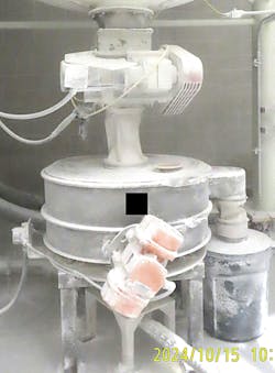 Figure 4. This system does not qualify as an Ingredient Transport System under NFPA 660 because there is no magnetic separator, the flex connection is not properly grounded or bonded, and the filter receiver (not shown) does not have a Class 1 rotary valve for isolation. Figure 4. This system does not qualify as an Ingredient Transport System under NFPA 660 because there is no magnetic separator, the flex connection is not properly grounded or bonded, and the filter receiver (not shown) does not have a Class 1 rotary valve for isolation.
