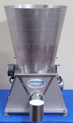 A conical extension hopper allows for unrestricted flow of material into the feeder and eliminates areas for material to accumulate. A conical extension hopper allows for unrestricted flow of material into the feeder and eliminates areas for material to accumulate.