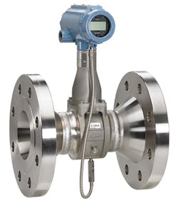 Figure 6: Emerson’s Rosemount 8800 MultiVariable Vortex Flowmeter is particularly well suited to steam service because it can compensate for changing fluid density by measuring temperature and using a pressure input for compensation. Figure 6: Emerson’s Rosemount 8800 MultiVariable Vortex Flowmeter is particularly well suited to steam service because it can compensate for changing fluid density by measuring temperature and using a pressure input for compensation.