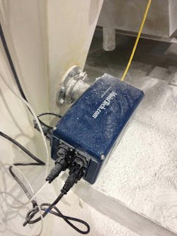 MoistTech's IR3000 near-infrared moisture sensor measuring the moisture of talc powder. MoistTech's IR3000 near-infrared moisture sensor measuring the moisture of talc powder.