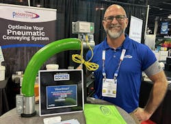 Dave Barnes of Progressive Products shows the company's new WearSmart pneumatic conveying elbow that provides an external alert when the elbow is nearly worn through from abrasion to prevent blowouts and minimize downtime. Dave Barnes of Progressive Products shows the company's new WearSmart pneumatic conveying elbow that provides an external alert when the elbow is nearly worn through from abrasion to prevent blowouts and minimize downtime.
