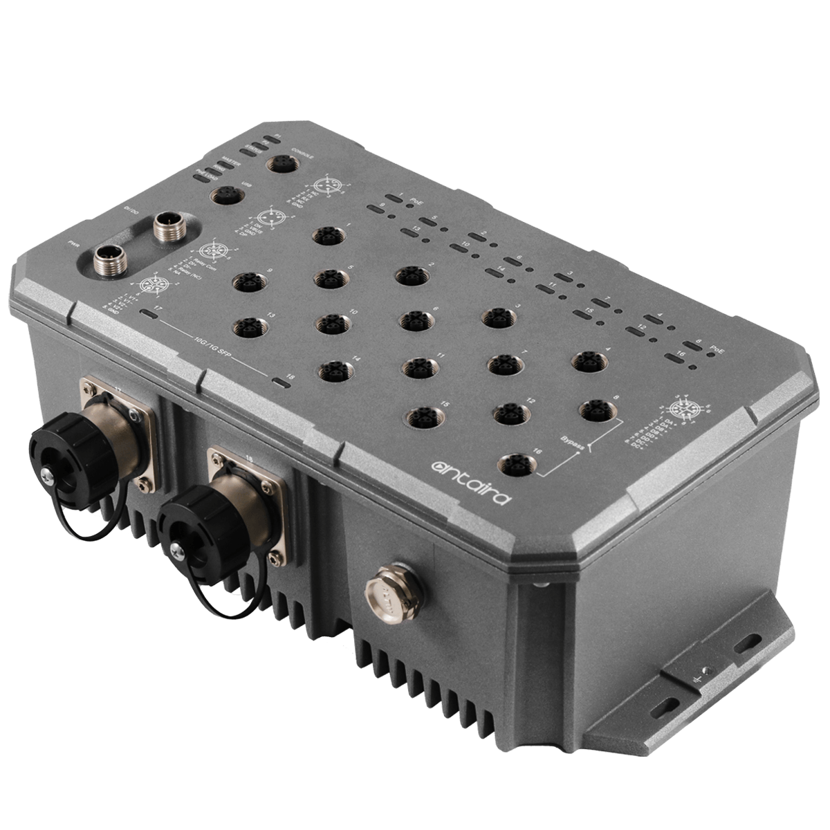 The Antaira LMX-1600G-M12-67-T is an IP67 industrial gigabit Ethernet switch that meets the high-reliability requirements demanded by industrial applications.