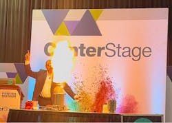 Jeramy Slaunwhite of REMBE demonstrates a vented dust explosion on the Center Stage. Jeramy Slaunwhite of REMBE demonstrates a vented dust explosion on the Center Stage.