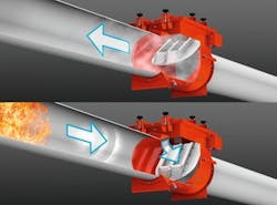 Figure 2. The pressure and airflow from an explosion closes the back-damper before the fireball is able to propagate through the ducting. Figure 2. The pressure and airflow from an explosion closes the back-damper before the fireball is able to propagate through the ducting.