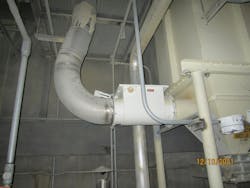 Figure 3. A back-draft damper located too close to the dust collector will not close quickly enough to prevent propagation. Figure 3. A back-draft damper located too close to the dust collector will not close quickly enough to prevent propagation.