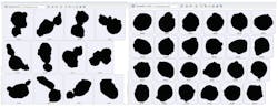 Figure 4. (Left) Software-identified agglomerates — particulate that has a circularity of less than 0.95. (Right) Software-identified primary particles — particulate that has a circularity >0.95. By applying filters for shape parameters such as circularity, software can distinguish between single particles and irregular fused agglomerates. This allows for both visual confirmation and quantitative reporting of agglomerate content, supporting specification setting in applications where structure influences performance. Figure 4. (Left) Software-identified agglomerates — particulate that has a circularity of less than 0.95. (Right) Software-identified primary particles — particulate that has a circularity >0.95. By applying filters for shape parameters such as circularity, software can distinguish between single particles and irregular fused agglomerates. This allows for both visual confirmation and quantitative reporting of agglomerate content, supporting specification setting in applications where structure influences performance.