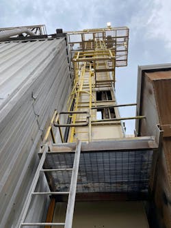 This bucket elevator is designed to have explosion vents which will burst to relieve pressure if the airborne combustible dust ignites inside the elevator legs. This bucket elevator is designed to have explosion vents which will burst to relieve pressure if the airborne combustible dust ignites inside the elevator legs.