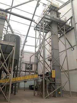 A newly installed bucket elevator at a manure granulation plant. A newly installed bucket elevator at a manure granulation plant.