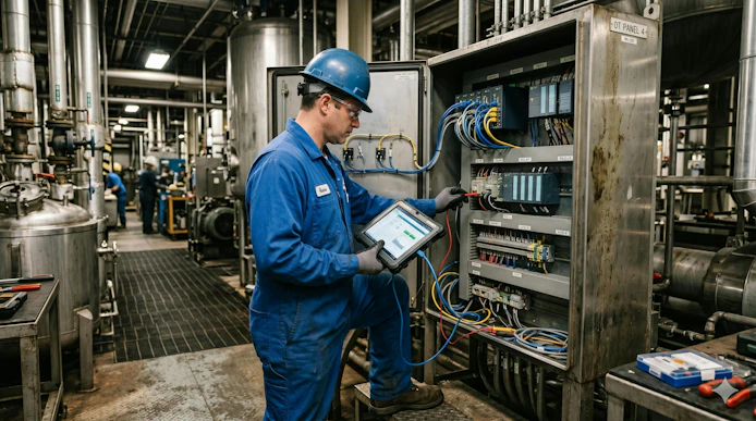 An engineer reviewing OT and control infrastructure in a brownfield process plant.