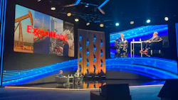 Dylan Pugh, engineering VP at ExxonMobil (right), described to Vincent Servello, president of AspenTech (left), how it’s using digitalization and AI in its operations during the May 11 opening keynote and chat kicking off Optimize 26 in Houston.