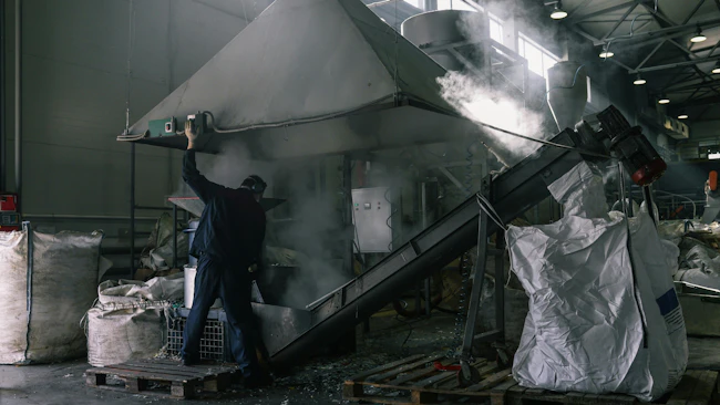 Worker in dusty factory