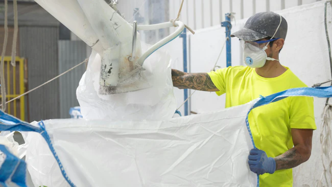 Worker filling bulk bag with mask and dust