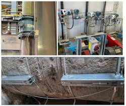 Figure 3: Magmeters (top) measure water, slurries and additives with no pressure drop. Clamp-on ultrasonic meters (bottom) are well suited for larger line sizes. (Emerson’s Rosemount 8705 Flanged Magnetic Flowmeter Sensors and Flexim FLUXUS flowmeter sensors shown.)