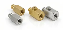 Figure 2: AutomationDirect offers Winters sintered-disk snubbers (left two) and adjustable needle-valve snubbers (right two), along with a complete portfolio of accessories to simplify instrument installation and protect sensors from pressure spikes.