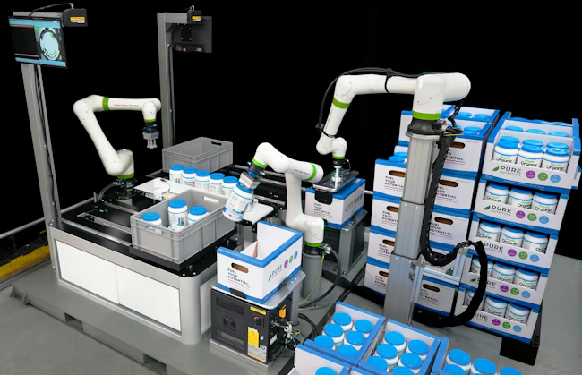 A coordinated work cell featuring FANUC CRX-20iA/L, CRX-10iA and CRX-5iA collaborative robots demonstrate an end-to-end packaging workflow at the PACK EXPO International 2026 show in Chicago Oct. 18-21.